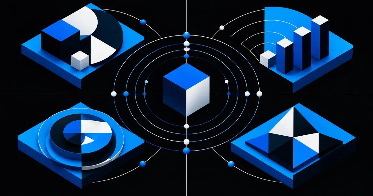 Quatre quadrants géométriques bleus reliés à un cube central, évoquant une synthèse stratégique.