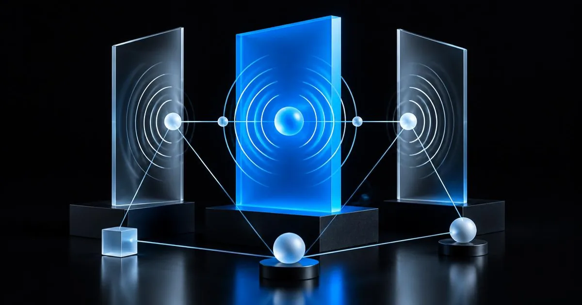 Panneaux géométriques et ondes bleues connectées, représentant un message clair et sa diffusion.
