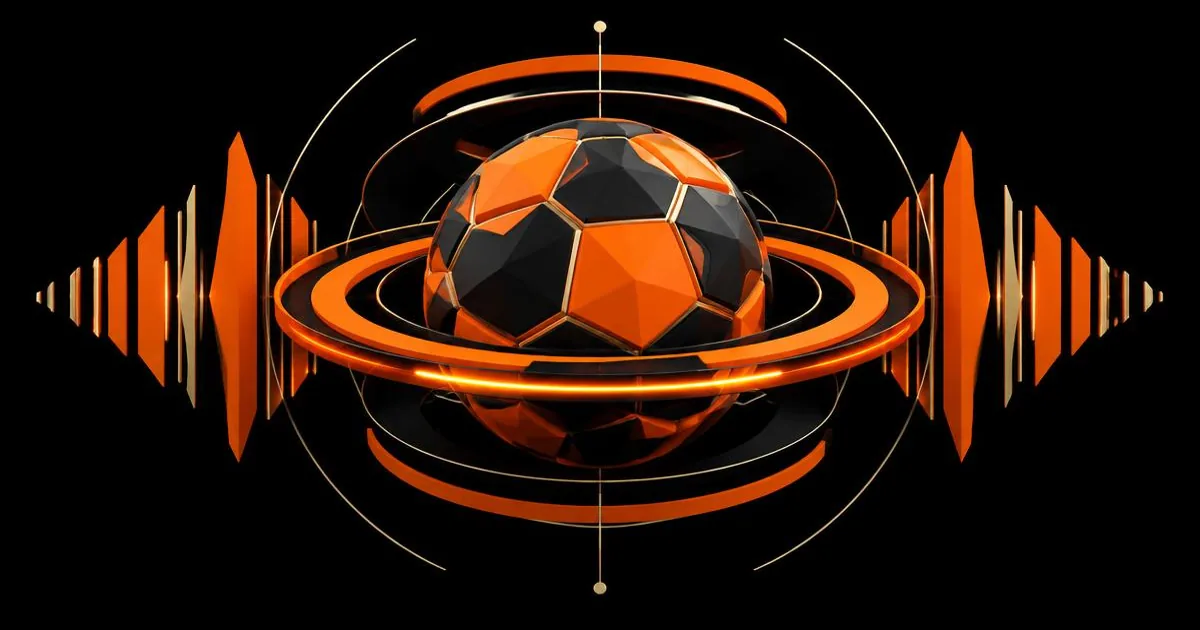 Sphère facettée orange entourée d’anneaux et de formes de diffusion, évoquant un média football.
