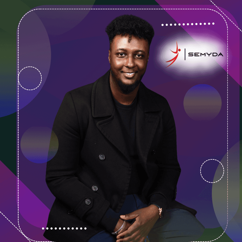 Smiling man seated against a purple background with circular patterns and SEMYDA logo.