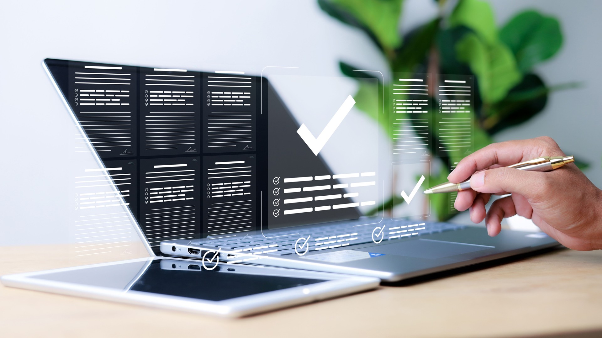 Businessman showing online document validation icon, quality assessment management With a checklist, business document evaluation process, market data report analysis and consulting,