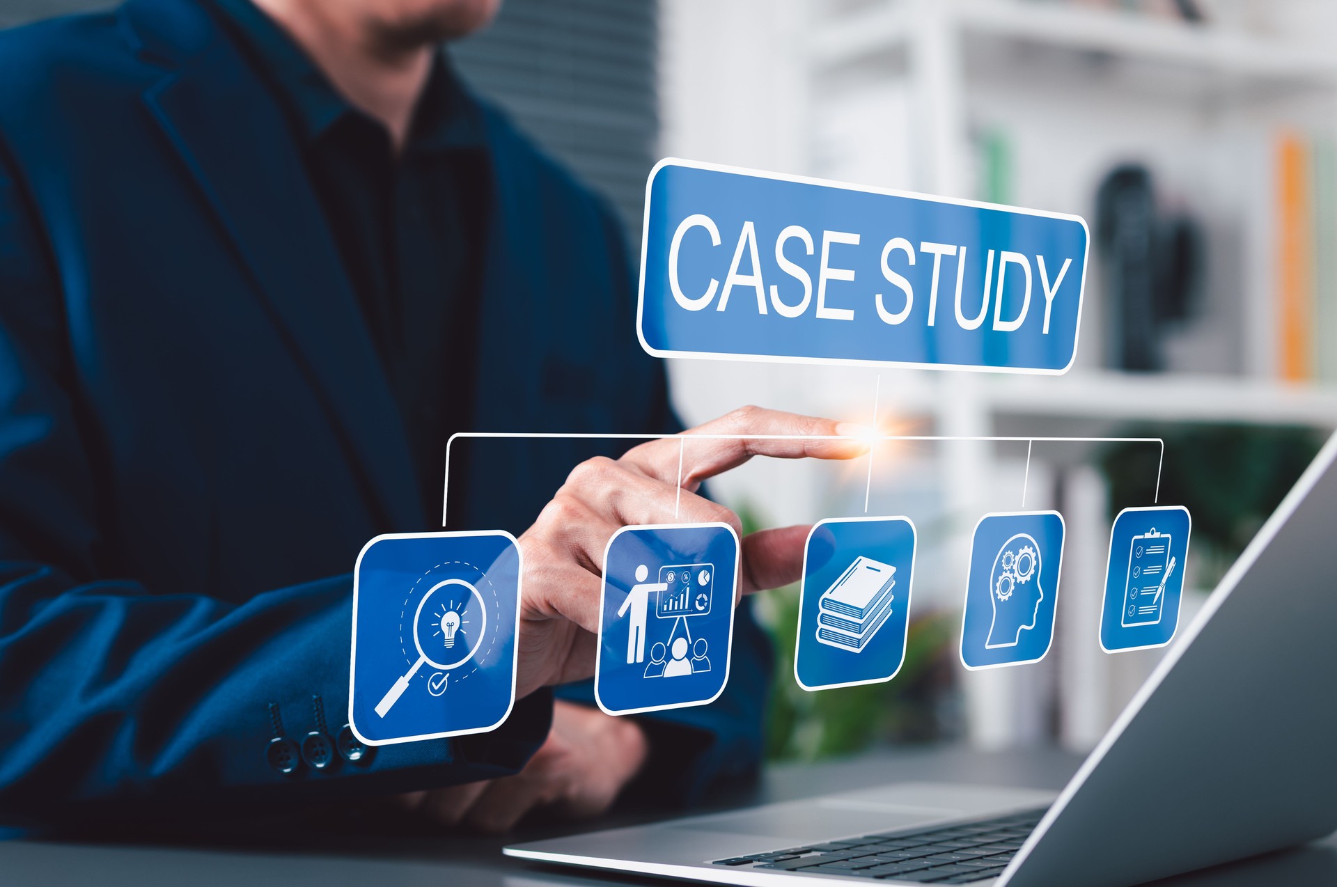 Case Study and Research Analysis Concept. Businessman interact with case study interface on laptop, featuring research, education, analysis icons, symbol learning, problem-solving, strategic planning,