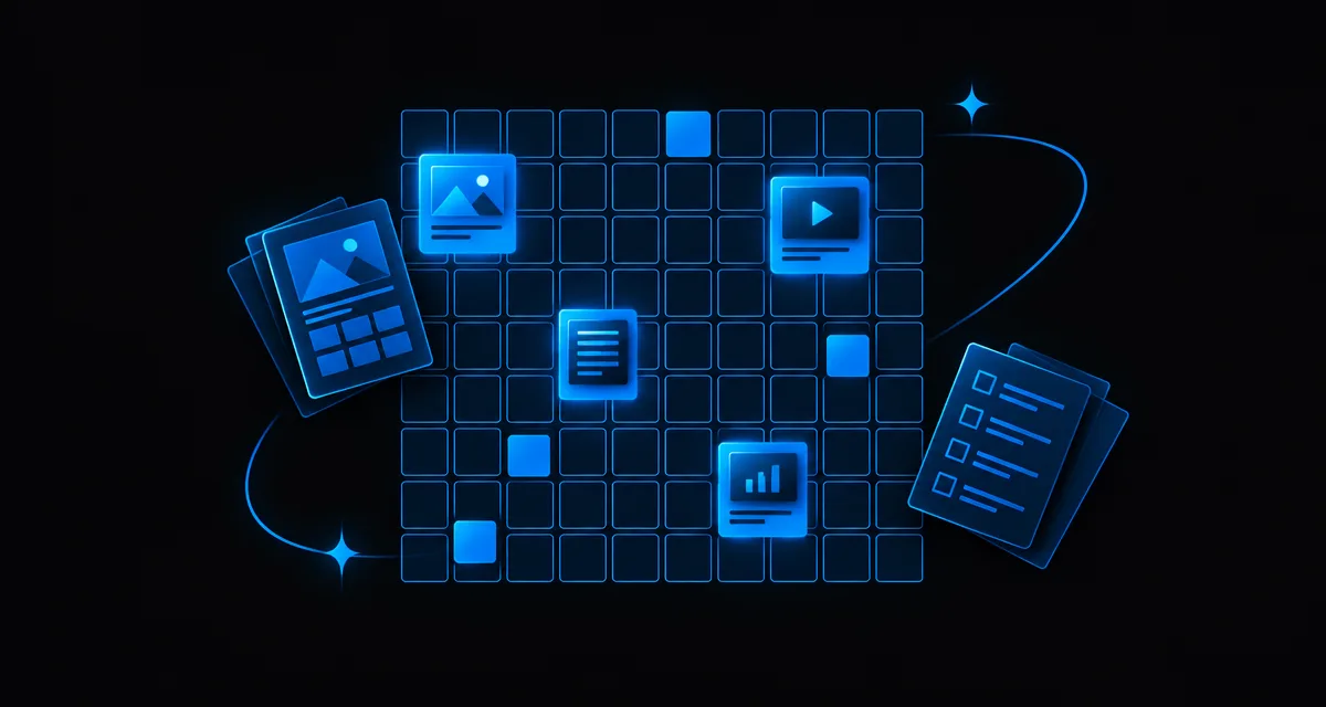 Couverture bleue : grille de calendrier avec cartes de contenus lumineuses