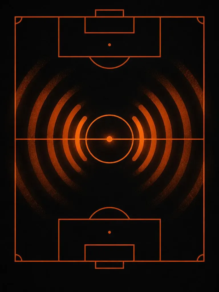 Couverture orange : terrain de football vu de dessus et ondes de diffusion