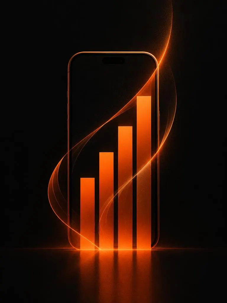 Couverture orange : téléphone stylisé et barres de croissance lumineuses